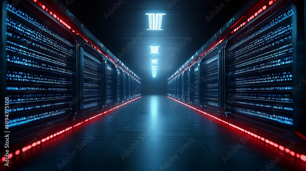 Poster An abstract digital background representing technology and data, highlighting the processes of data analysis and access, set against a 3D rendered cyberspace with particles and digital network