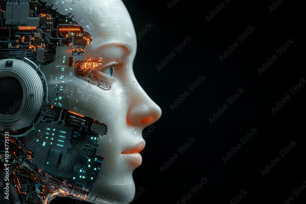 Poster a profile of a humanoid head displaying blue and yellow eyes and a striking neon neural network, sym