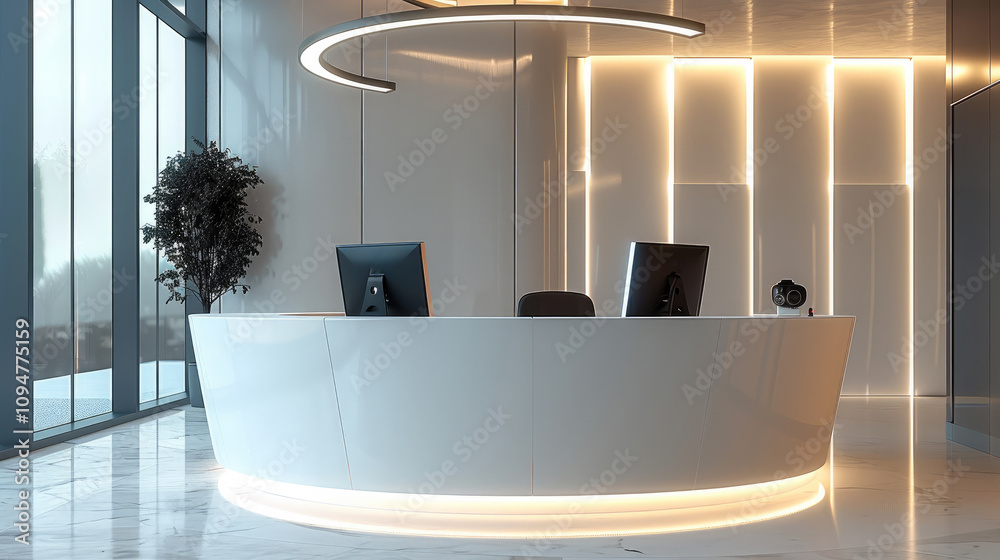 Aufkleber Reception desks with cylindrical shape in simple futuristic lines.