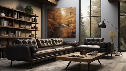 3D rendered living room featuring a black sofa, adding a touch of modern elegance and style to the interior.