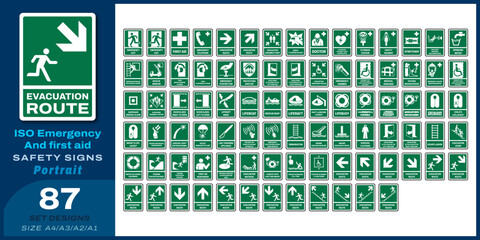 87 set iso emergency and first aid safety signs v75_evacuation route_portrait size a4/a3/a2/a1 