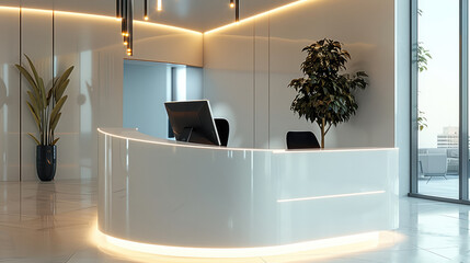 Reception desks with cylindrical shape in simple futuristic lines.