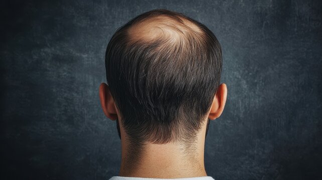 Close-up rear view of a man's head showing significant hair thinning and balding on a dark textured background.
