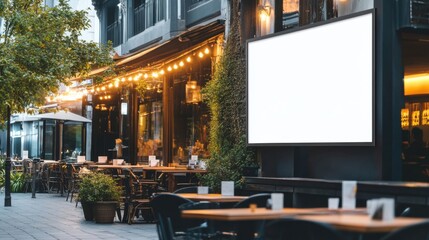 Fototapeta premium Large outdoor sign placed near a restaurant exterior showcasing a blank promotional space