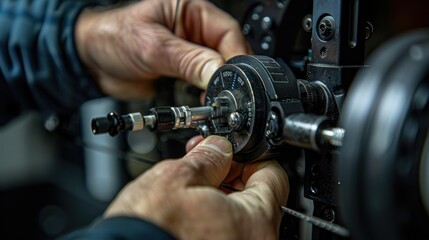 Naklejka premium A close-up of hands adjusting a mechanical component, showcasing precision in engineering.