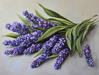 Obraz premium whimsical loose bouquet of lavender sprigs with vibrant purple flowers and lush green leaves, creating serene and calming atmosphere