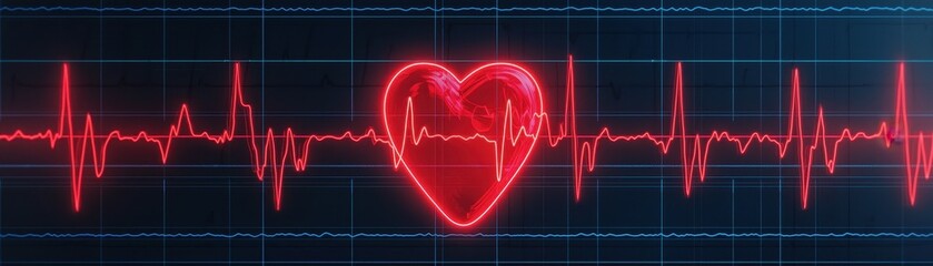 Glowing red heart shape with an electrocardiogram line overlay, symbolizing health, cardiology, and medical technology on a dark grid.