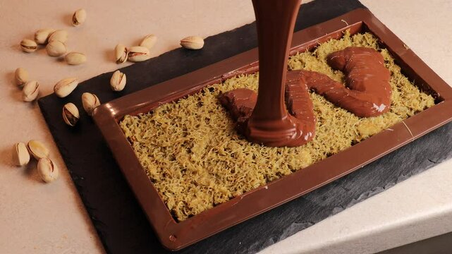 pouring chocolate over pistachio filling in silicon mold. process of making Dubai chocolate with pistachio paste, tahini and kataifi dough. Pouring chocola
chocolate, pouring, pistachio, filling, mold