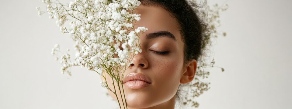 Beautiful woman with white spring flowers relaxing in beauty skin clinic, minimal, luxury, floral isolated on a white background. Panorama banner