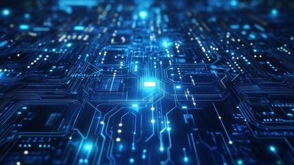 Futuristic circuit board background pulsating with blue energy and data flow