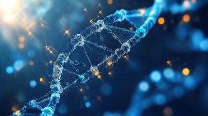 Futuristic rotating dna double helix glowing on blue background