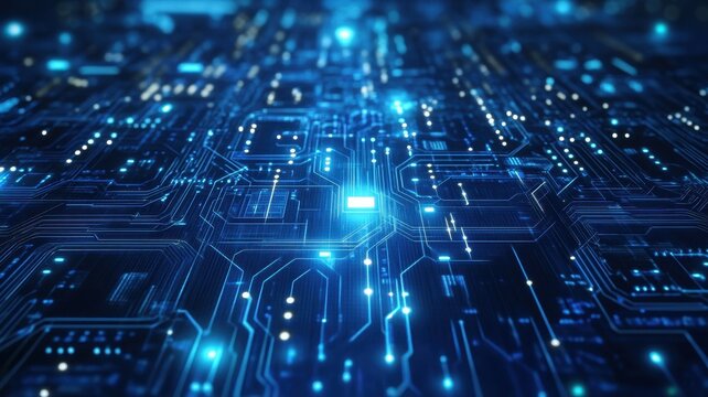 Futuristic circuit board background pulsating with blue energy and data flow