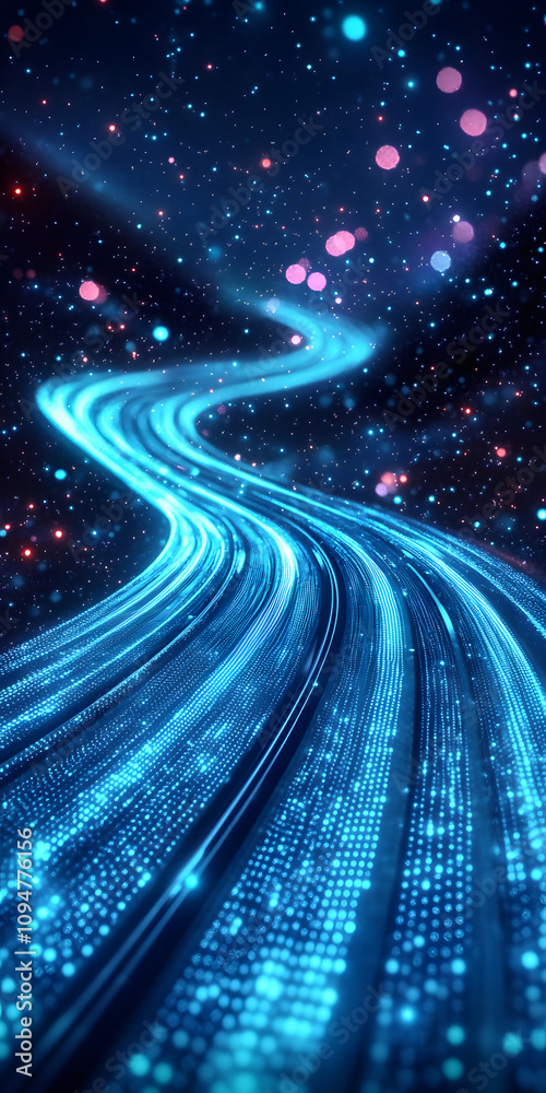 Wall mural futuristic digital landscape with dynamic blue neon lines and particle flow on an abstract dark back