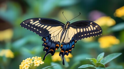 Close-up of a black and yellow butterfly with spread wings hovering above yellow flowers.