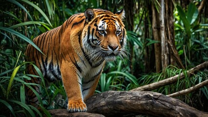 Obraz premium A majestic tiger prowls through lush greenery, showcasing its strength and beauty.