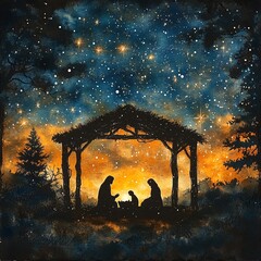 A tranquil scene of the Holy Family's silhouette in a stable, with Mary, Joseph, and baby Jesus outlined against a starry night sky, highlighting their peaceful surroundings.

