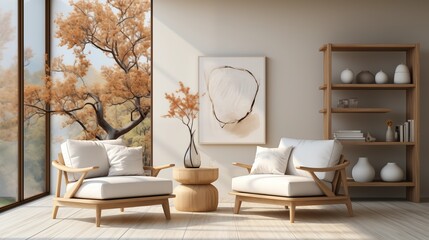 A 3D rendered living room with a sleek white armchair, blending modern and minimalist styles in a cozy space.