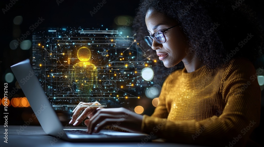 Aufkleber A man is browsing for technology, smart AI, or stock-related information on his laptop with the help of a stock chatbot.