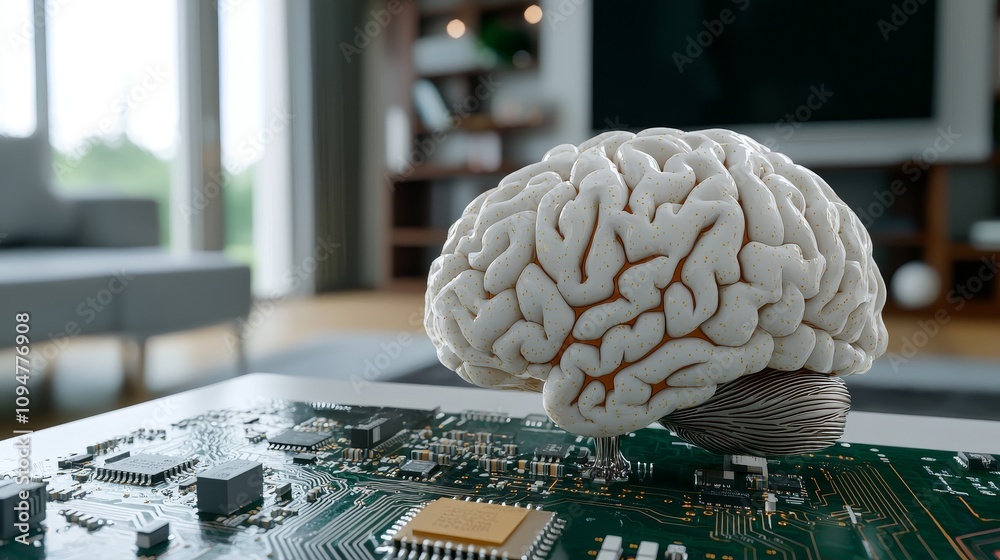Poster An illuminated digital brain concept sits atop a microprocessor, signifying advanced stock market strategies and machine learning.