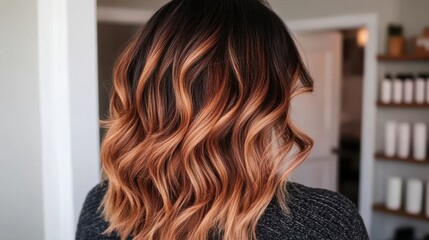 Fototapeta premium Beautiful wavy hair with warm caramel highlights styled in a cozy salon setting