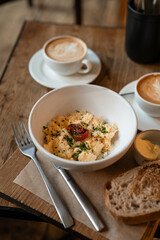 Cozy Brunch with Scrambled Eggs and Coffee