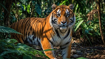 Fototapeta premium A majestic tiger stands amidst lush greenery, showcasing its vibrant fur and piercing gaze.