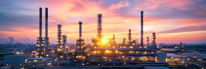 Fototapeta premium A vibrant sunset illuminates a sprawling industrial facility, showcasing tall smokestacks and complex structures in an atmospheric sky.
