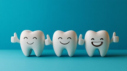 Obraz premium 3D Render of Three Happy White Cartoon Teeth Characters Giving Thumbs Up on Blue Background