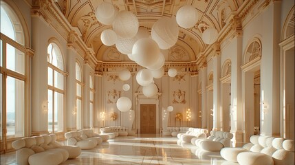 A magnificent ballroom with vaulted ceilings, featuring a dramatic yarn chandelier composed of cascading yarn balls in earthy tones. creating an opulent yet playful atmosphere. Elegant tufted chairs.