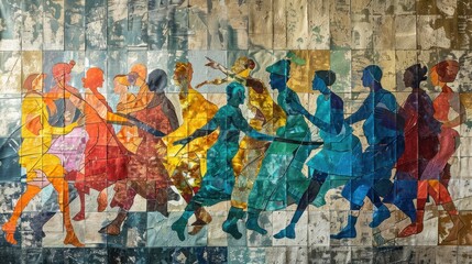 Fototapeta premium A vibrant mural depicting dancers in colorful silhouettes, celebrating movement and culture.