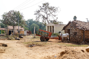 Small south Indian village in Karnataka with school and houses and cattle, India, Asia