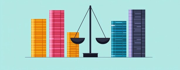 Illustration of a balance scale placed among colorful vertical bars, symbolizing justice, equality, and socio-economic comparison on a light blue background.