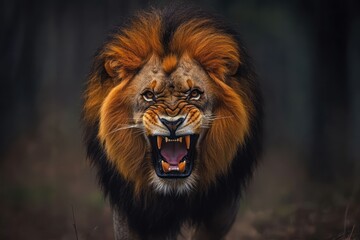 Fototapeta premium The lion, known as the king of the jungle, exudes power and authority. With a majestic mane and fierce gaze, it rules its domain, symbolizing strength, courage, and the untamed spirit of the wild.