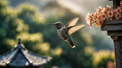 Hummingbird flying to flowers on beautiful japan temple green garden scenery