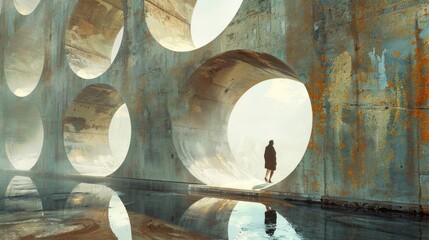 A solitary figure stands in a surreal landscape of large, circular structures and reflections.