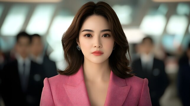 Confident woman in a stylish pink suit at a corporate setting