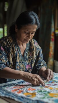 A focused woman weaves a vibrant Nakshi Kantha quilt with intricate patterns and colors