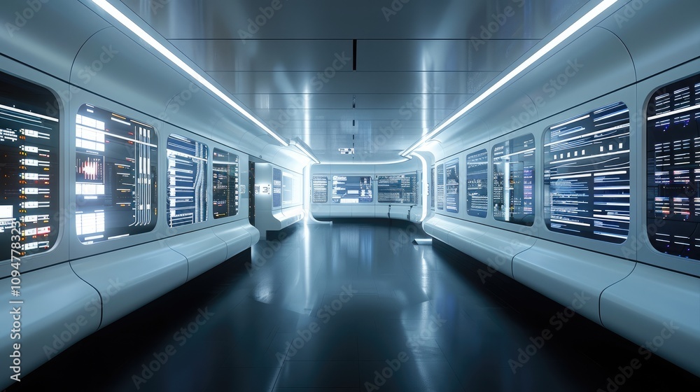 Poster enterprise data center, multiple servers, clean holographic monitoring displays.