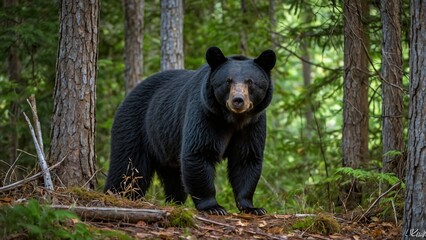 A black bear stands in a forest, surrounded by trees and foliage.