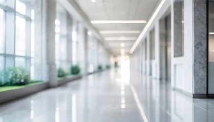 A bright, modern hallway with large windows allowing natural light, reflective floors, and decorative plants creating a peaceful atmosphere