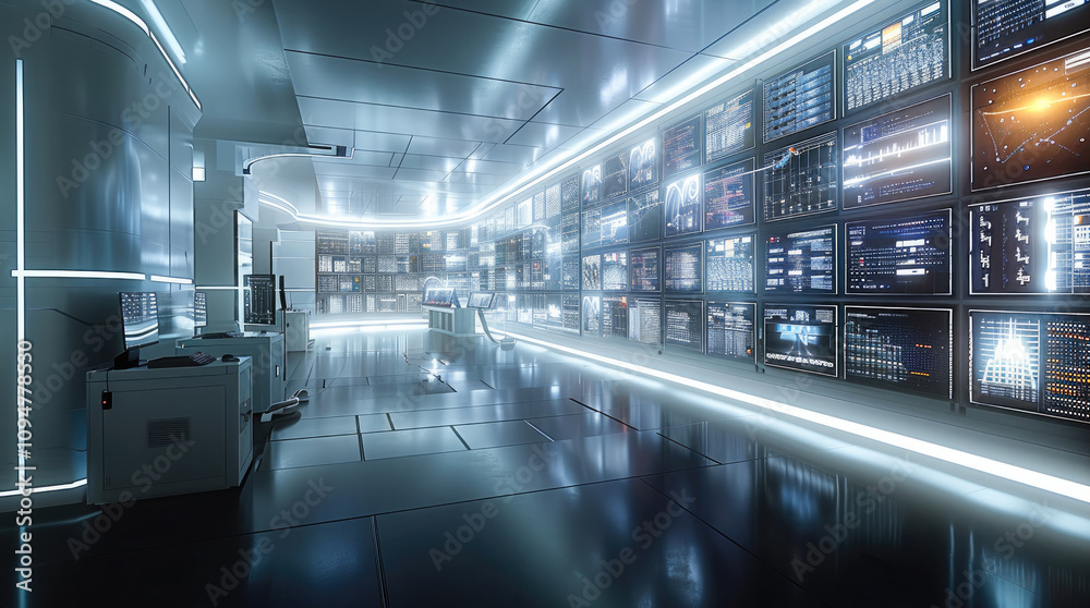 Poster enterprise data center, multiple servers, clean holographic monitoring displays.