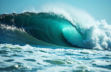 Obraz premium Blue ocean wave, white sea foam, storm, seascape, blue depth. AI Generative