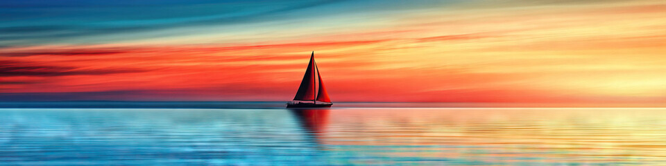 Fototapeta premium Oceanic Serenity: Calm waters and a sailboat on the horizon