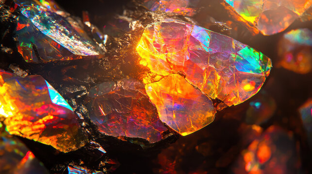 Fire Opal Macro: A vibrant, iridescent fire opal shimmers with mesmerizing hues of red, orange, and yellow, captured in a close-up shot that reveals its intricate crystalline structure. background, 