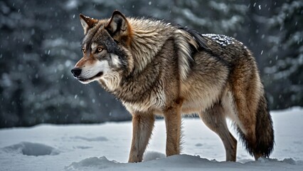 Obraz premium A wolf standing in a snowy landscape, capturing the beauty of wildlife in winter.