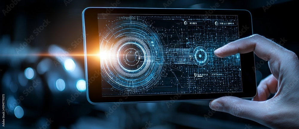Aufkleber Utilizing a tablet, an industrial engineering manager monitors and controls robotic welding arms in a smart manufacturing setup, focusing on digital operations and adhering to the principles of