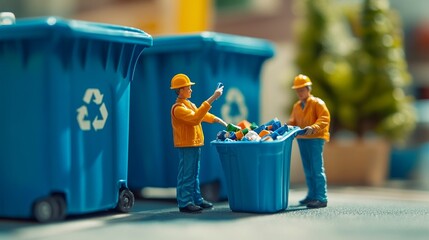 miniature intricating green eco-friendly theme. Miniature workers collect recyclables from a bin, emphasizing recycling efforts and waste management in a vibrant urban setting.