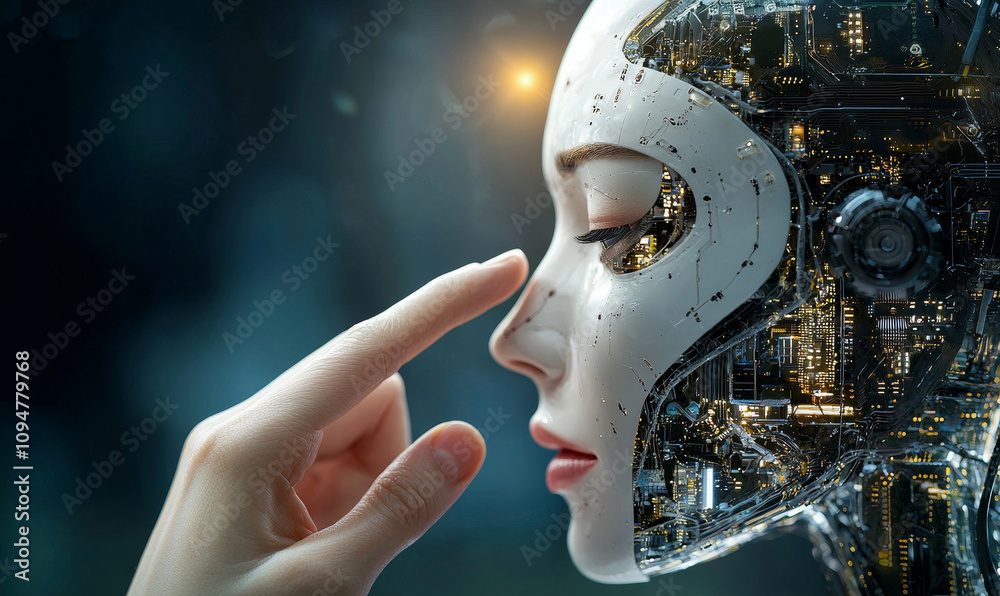 Poster in a 3d rendering, a robot hand reaches out to touch a human hand, all against a dark background.