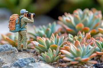 miniature intricating green eco-friendly theme. A miniature photographer captures vibrant succulent plants, showcasing a blend of nature and artistry in a detailed close-up scene.