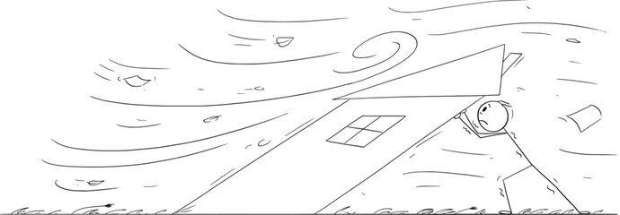 Person trying to save family house from strong wind or storm , vector cartoon stick figure or character illustration.
